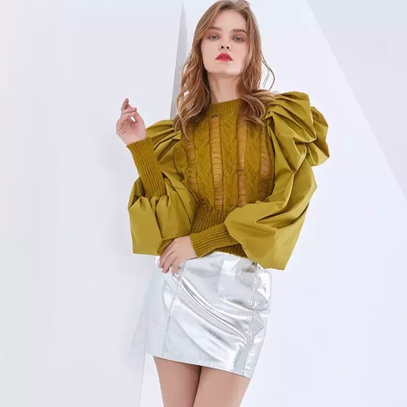 New Bishop Puff Sleeves Distress Crew neck Black color Pull on Sweater - Picture 4 of 12